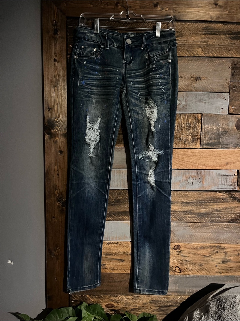 Almost famous paint splatter Dark Blue Distressed Women’s Jeans 3